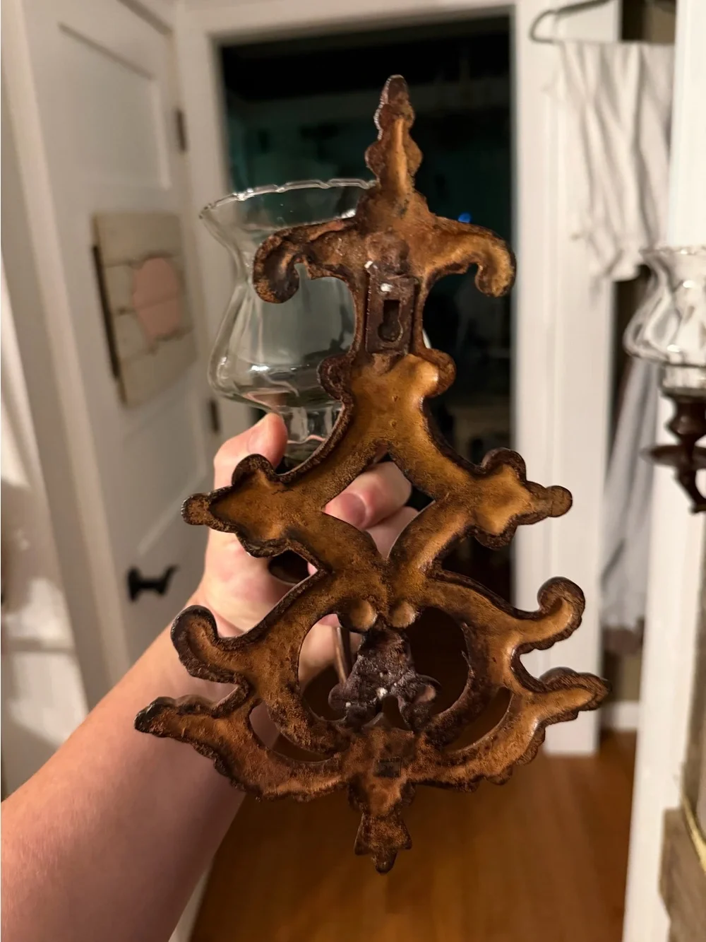 Pair of vintage BOHO scroll-work metal candle wall sconces